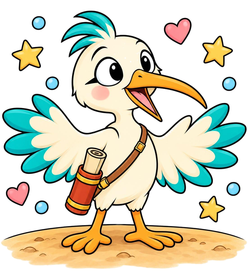 Nilobi the ibis waving, with his papyrus scroll