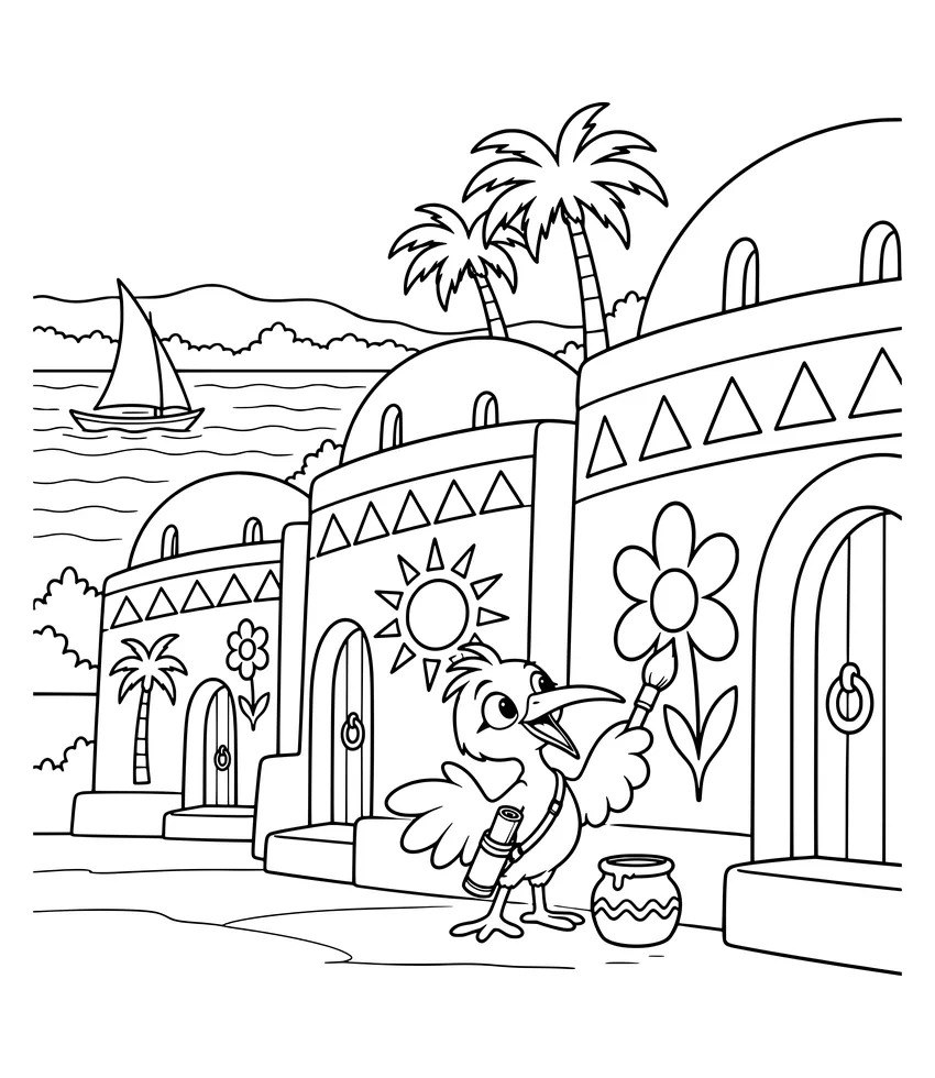 A Colorful Nubian Village coloring page